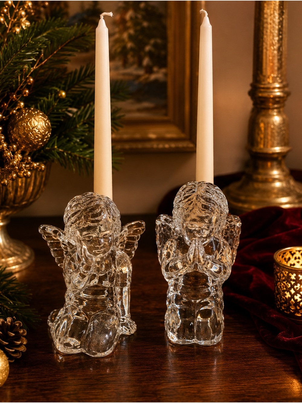 Vintage Clear Glass Praying Angel Cherub Taper Candleholders Pair